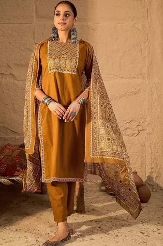 Floral Embroidered Mirror Work Pure Cotton Kurta With Trousers & Dupatta