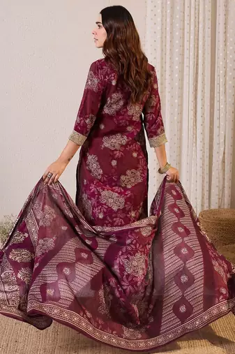 Women Floral Printed Regular Chanderi Silk Kurta with Trousers & With Dupatta