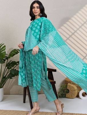 Women Ethnic Motifs Printed Pure Cotton Kurta with Trousers & Dupatta 5