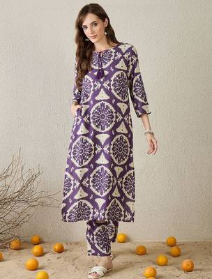 Women Purple Printed Straight Kurta Trousers Set 1