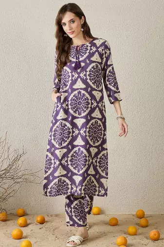 Women Purple Printed Straight Kurta Trousers Set