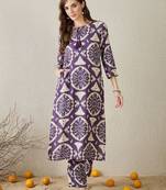 Women Purple Printed Straight Kurta Trousers Set
