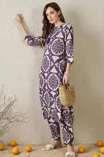 Women Purple Printed Straight Kurta Trousers Set