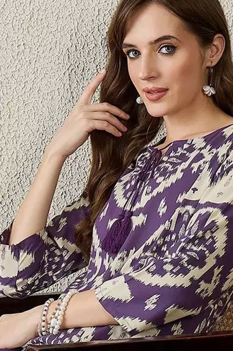 Women Purple Printed Straight Kurta Trousers Set