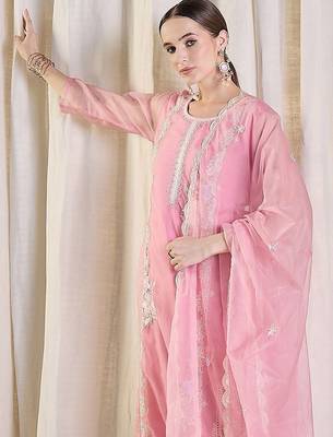 Floral Embroidered Thread Work Organza Kurta With Trousers & Dupatta 1