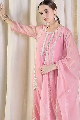 Floral Embroidered Thread Work Organza Kurta With Trousers & Dupatta