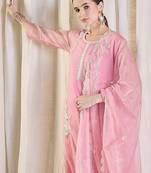 Floral Embroidered Thread Work Organza Kurta With Trousers & Dupatta