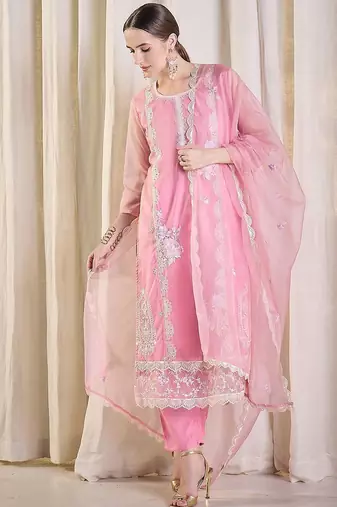 Floral Embroidered Thread Work Organza Kurta With Trousers & Dupatta