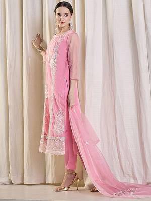 Floral Embroidered Thread Work Organza Kurta With Trousers & Dupatta 3