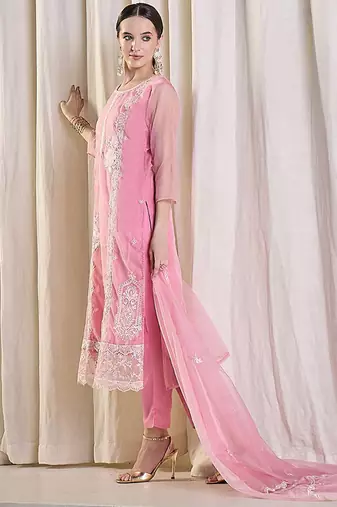 Floral Embroidered Thread Work Organza Kurta With Trousers & Dupatta