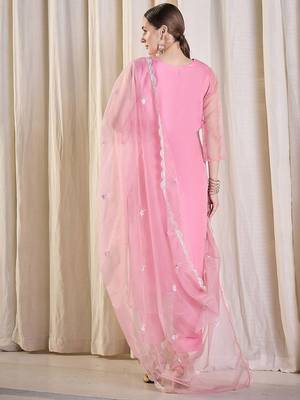 Floral Embroidered Thread Work Organza Kurta With Trousers & Dupatta 4