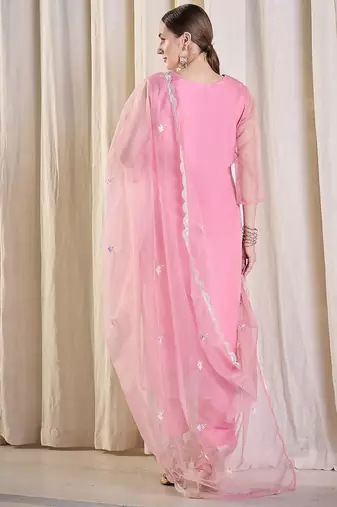 Floral Embroidered Thread Work Organza Kurta With Trousers & Dupatta