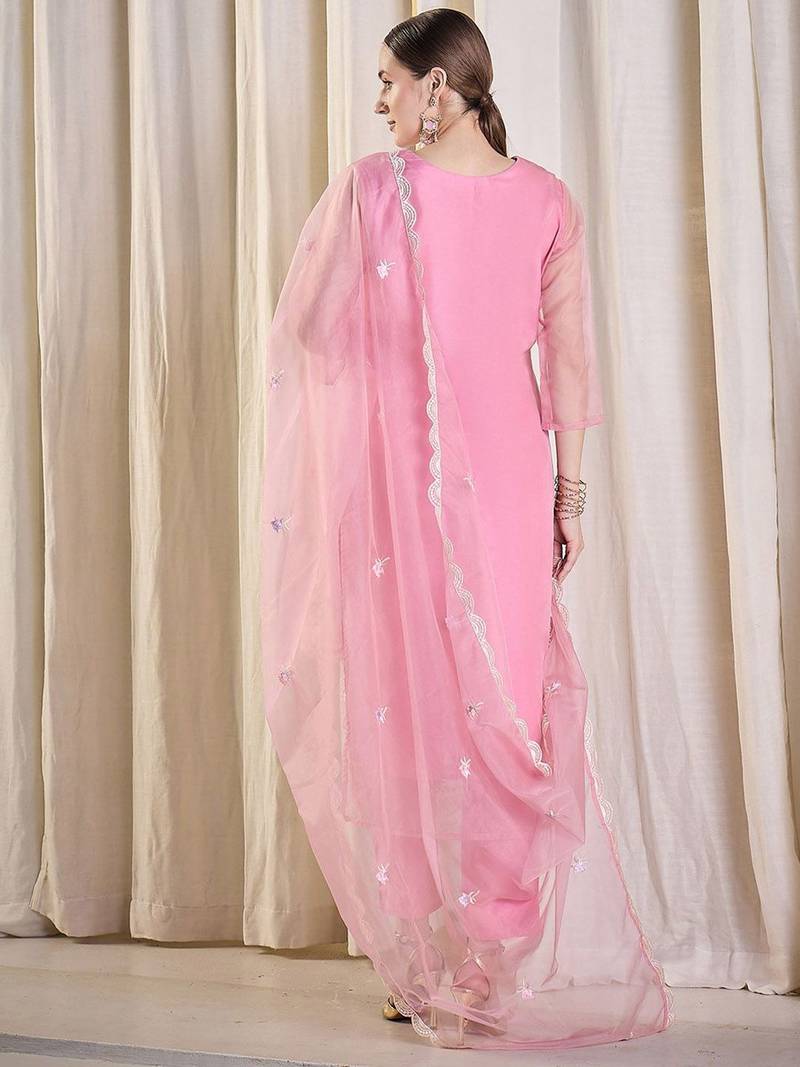Floral Embroidered Thread Work Organza Kurta With Trousers & Dupatta