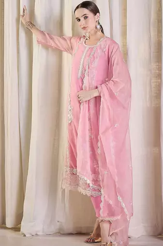 Floral Embroidered Thread Work Organza Kurta With Trousers & Dupatta