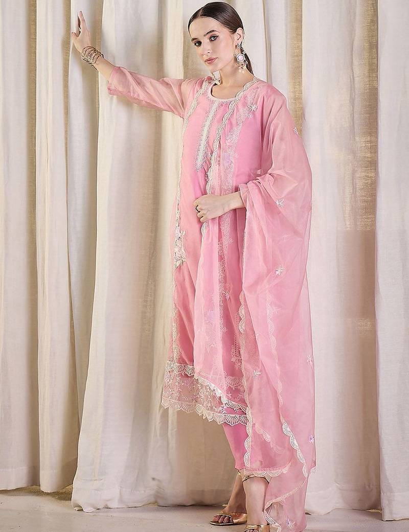 Floral Embroidered Thread Work Organza Kurta With Trousers & Dupatta