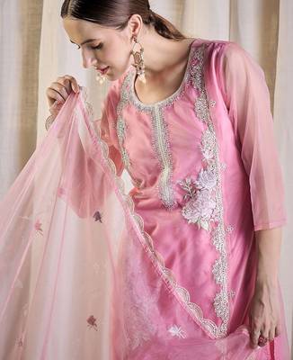 Floral Embroidered Thread Work Organza Kurta With Trousers & Dupatta 6