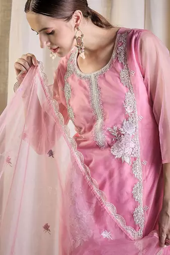 Floral Embroidered Thread Work Organza Kurta With Trousers & Dupatta