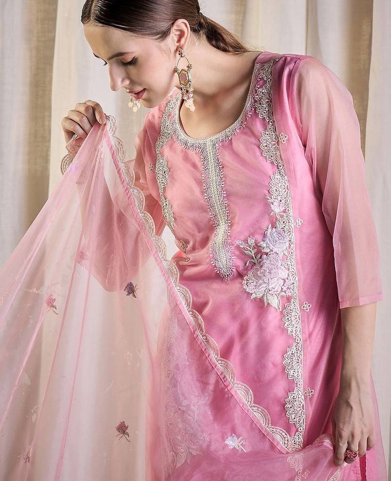 Floral Embroidered Thread Work Organza Kurta With Trousers & Dupatta