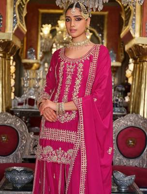 Adults-Women Woven Design Embroidered Kurta with Palazzos & Dupatta 1