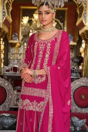 Adults-Women Woven Design Embroidered Kurta with Palazzos & Dupatta