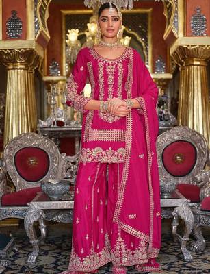 Adults-Women Woven Design Embroidered Kurta with Palazzos & Dupatta 2