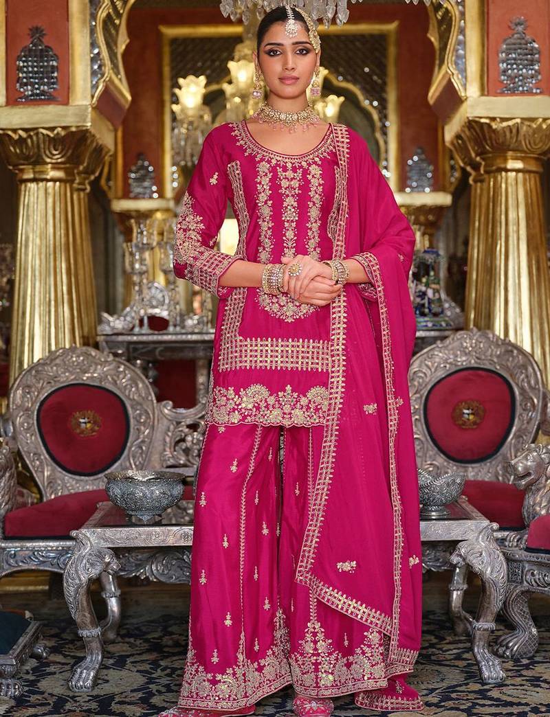 Adults-Women Woven Design Embroidered Kurta with Palazzos & Dupatta