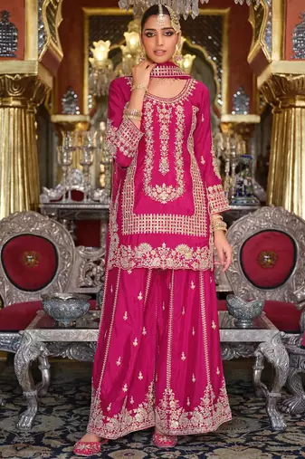Adults-Women Woven Design Embroidered Kurta with Palazzos & Dupatta
