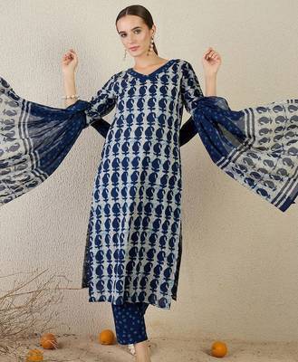 Women Paisley Printed Pure Cotton Kurta with Trousers & Dupatta 6