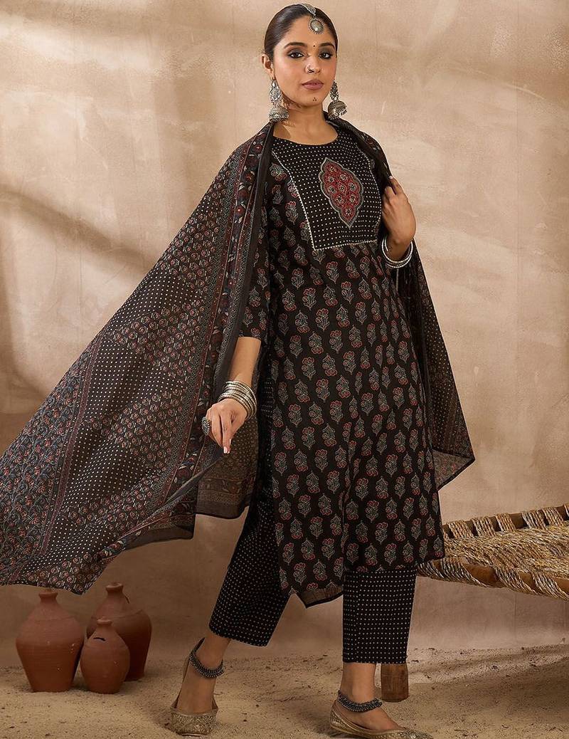 Women Ethnic Motifs Printed Regular Thread Work Pure Cotton Kurta with Trousers & With Dupatta
