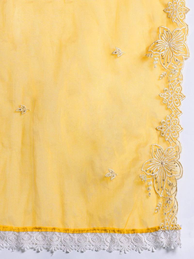Floral Embroidered Thread Work Kurta With Trousers & Dupatta