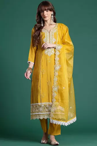 Floral Embroidered Thread Work Kurta With Trousers & Dupatta