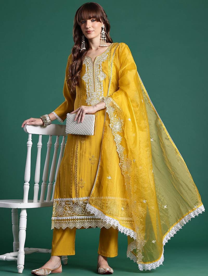 Floral Embroidered Thread Work Kurta With Trousers & Dupatta