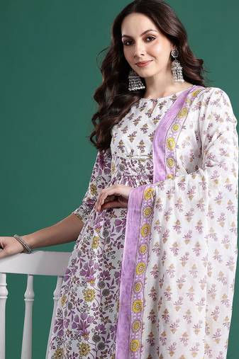 Floral Printed Pleated  Cotton Kurta with Trousers & Dupatta