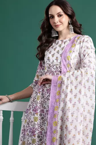Floral Printed Pleated Pure Cotton Kurta with Trousers & Dupatta