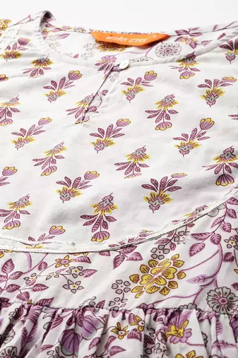 Floral Printed Pleated Pure Cotton Kurta with Trousers & Dupatta