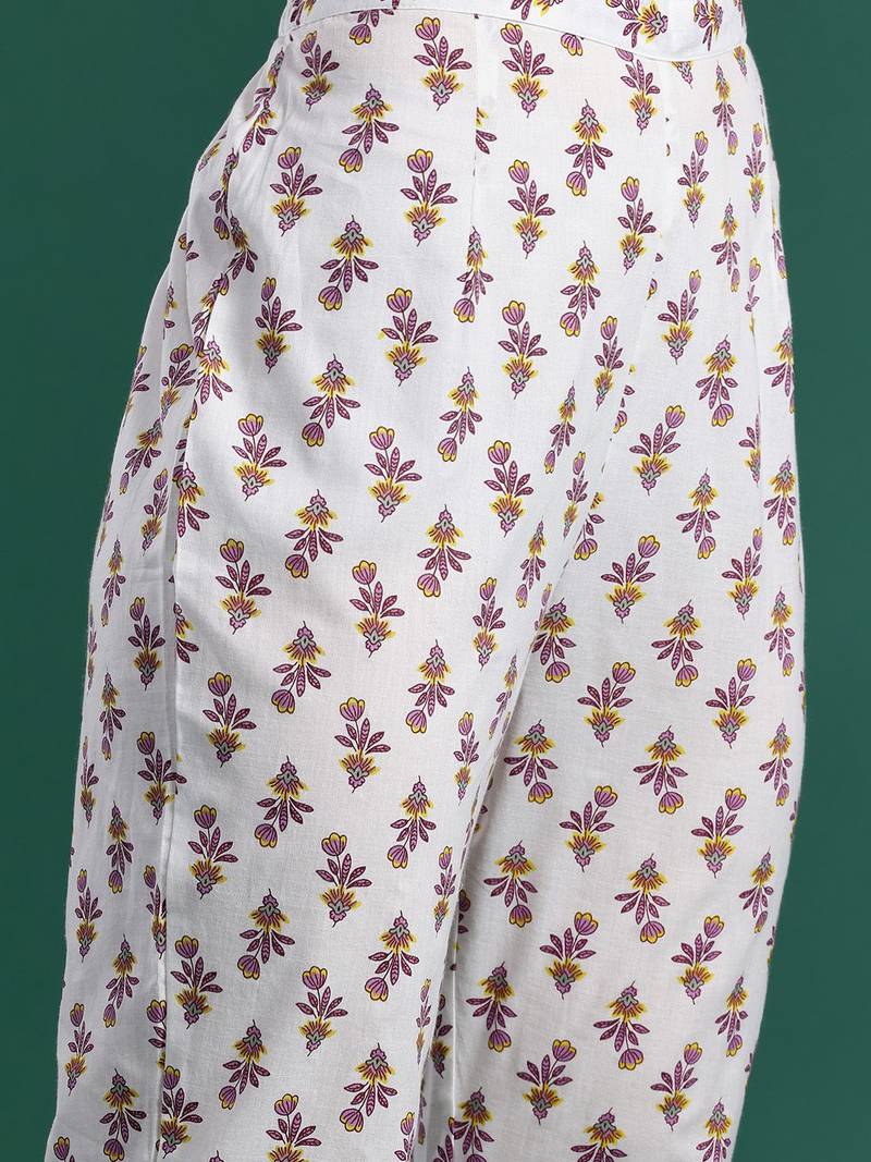 Floral Printed Pleated Pure Cotton Kurta with Trousers & Dupatta