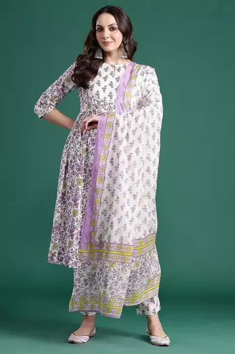 Floral Printed Pleated Pure Cotton Kurta with Trousers & Dupatta