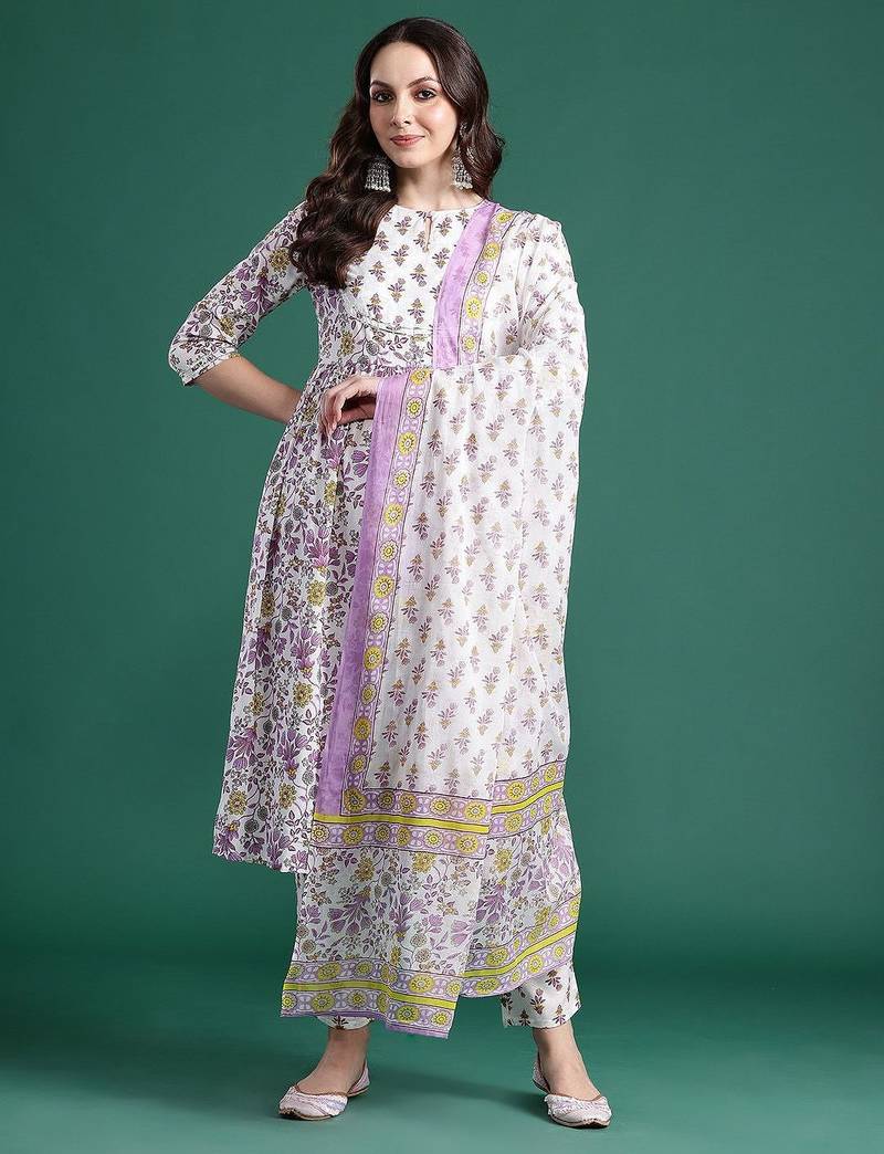 Floral Printed Pleated Pure Cotton Kurta with Trousers & Dupatta