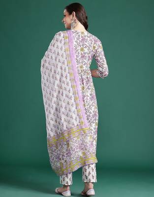 Floral Printed Pleated Pure Cotton Kurta with Trousers & Dupatta 7