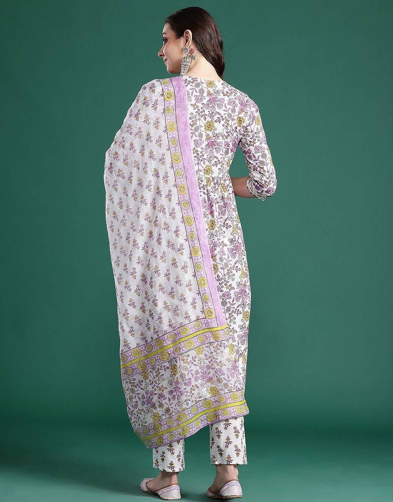 Floral Printed Pleated Pure Cotton Kurta with Trousers & Dupatta
