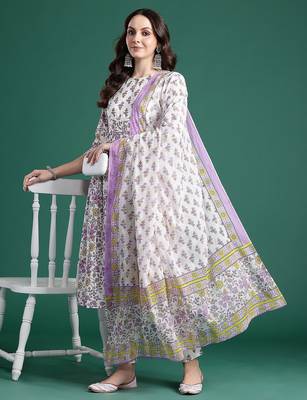 Floral Printed Pleated Pure Cotton Kurta with Trousers & Dupatta 8