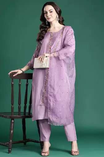 Floral Embroidered Kurta with Trousers & Dupatta