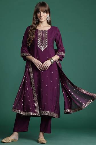 Ethnic Motifs Embroidered Sequinned Kurta with Trousers & With Dupatta