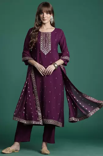 Ethnic Motifs Embroidered Sequinned Kurta with Trousers & With Dupatta