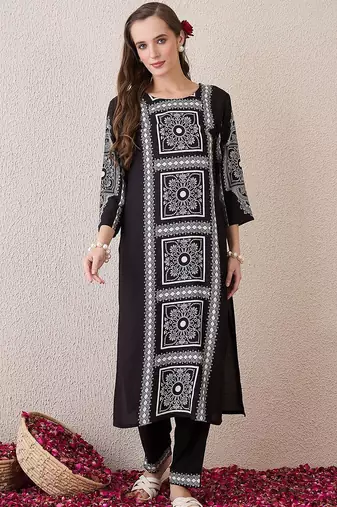 Ethnic Motifs Printed Round Neck Pure Cotton Straight Kurta With Trousers