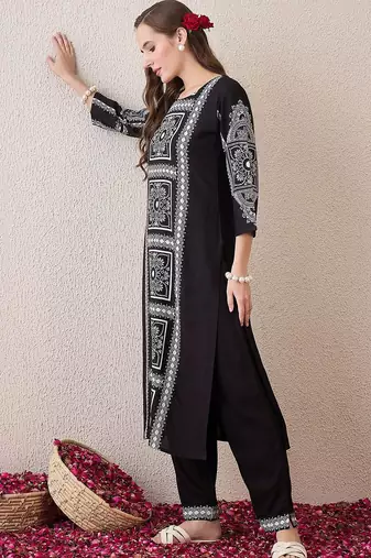 Ethnic Motifs Printed Round Neck Pure Cotton Straight Kurta With Trousers