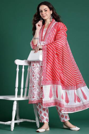 Floral Printed  Cotton Kurta with Trousers & With Dupatta