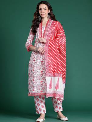 Floral Printed Pure Cotton Kurta with Trousers & With Dupatta 5