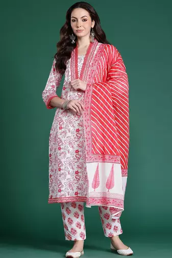 Floral Printed Pure Cotton Kurta with Trousers & With Dupatta