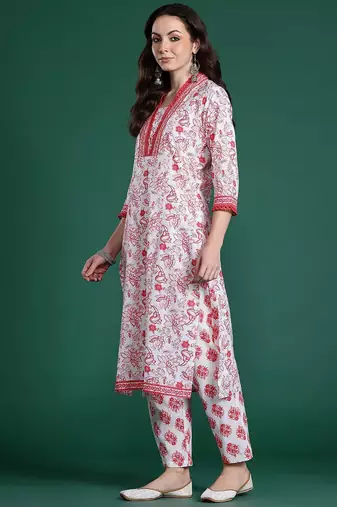 Floral Printed Pure Cotton Kurta with Trousers & With Dupatta